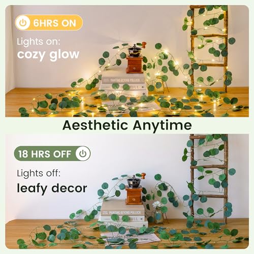 HEYFUNi 23FT Eucalyptus Garland with Fairy Lights, USB & Battery | 73 LEDs, remote timer memory, 8 modes, greenery leaf vine lights for bedroom, wall, wedding, party, summer dorm decor - color: Eucalyptus, size: 73 LED-USB & Battery