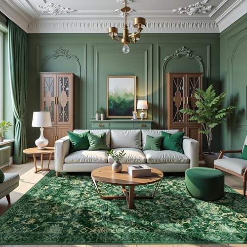 Deep Green Area Rugs 5x8 for Living Room, Washable Vintage Rugs for Bedroom, Distressed Throw Rug, Non Slip Rug Carpet for Bedroom Dining - color: Dark Green, size: 5'x8'