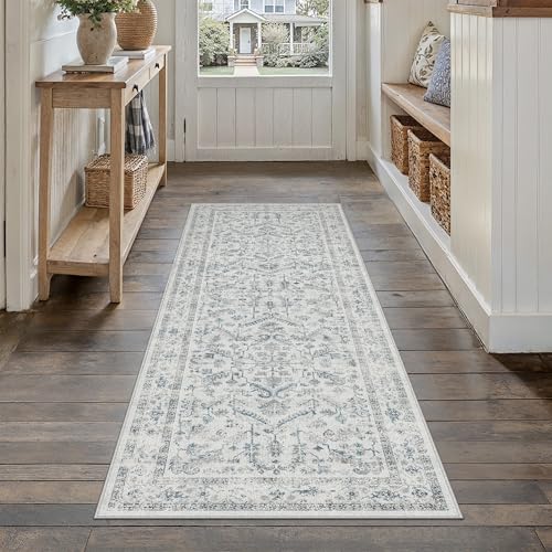 PureCozy Blue 2x5 Runner Rug Vintage Area Carpet Hallway Indoor Kitchen Washable Low Pile Traditional Distressed Retro Accent Throw Rug Non Slip for Laundry Bathroom Office - color: Neutral Blue, size: 2' x 5' (Runner)