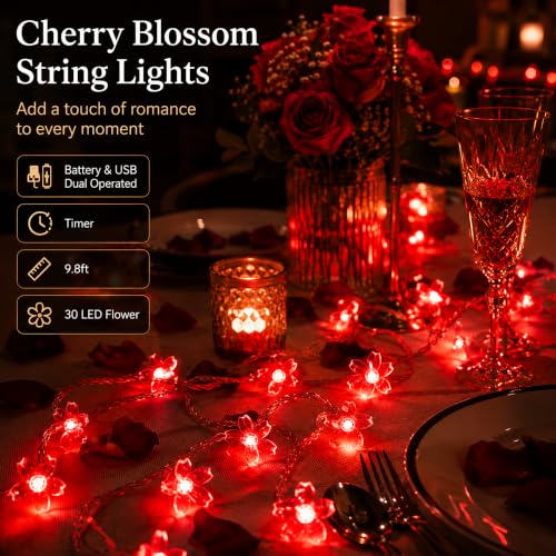 Battery & USB Operated 10ft Red Cherry Blossom Flower Fairy Lights String | Cute Flower String Lights With Timer For Bedroom, Party, Wedding, Christmas, Easter Tree Branch Hanging Romantic Decorations - color: 10ft Red Flower Lights