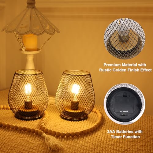 Set of 2 Battery Operated Lamp LED Table Lantern, Golden Metal Cage Cordless Lamps with LED Bulb，Vintage Decorative Outdoor Lantern for Weddings, Parties, Patio, Events for Indoor Shelf Decor - style: Golden Egg / Timer