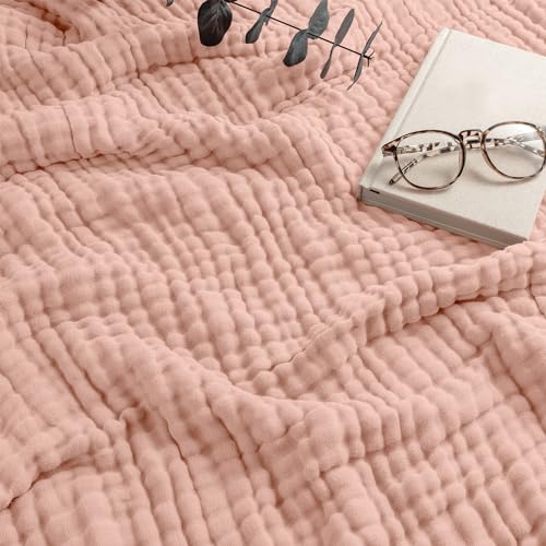 Comfy Cubs Muslin Throw Blanket - 50” x 60” Quilted Design - Lightweight, Breathable 6-Layer Gauze Fabric - Soft Cotton Blanket for Home or Travel - Packaged in Elegant Gift Box - Blush - color: Blush, size: Throw - 50" X 60"