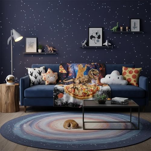 Neasow Funny Ginger Cat Dinosaur Pizza Throw Blanket, Galaxy Space Food Flannel Meme Fun Blanket, Super Soft for Couch Dorm Sofa Room, Gag Gift for Kids Boys Teens, 50×60 inch - color: Cat Dinosaur Pizza, size: 60"L x 50"W