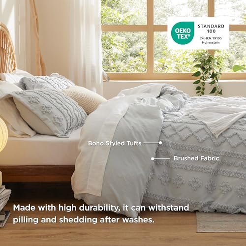 Bedsure Boho Duvet Cover Queen Size, Soft & Comfortable Elegant Design Boho Bedding for Decoration, Machine Washable Comforter Cover for All Seasons,Includes 1 Duvet Cover & 2 Pillow Shams,Light Grey - color: 10 - Light Grey - Elegant (No Comforter), size