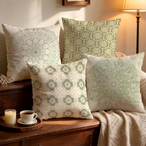 OBSEDE Sage Green Boho Decorative Throw Pillow Covers 18x18 Set of 4 Faux Linen Cushion Cases Single-Sided Print Light Green Mandala Accent Pillows for Couch Sofa - color: Sage Green Boho
