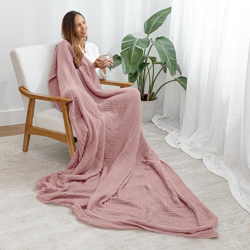 Comfy Cubs Muslin Throw Blanket - 50” x 60” Quilted Design - Lightweight, Breathable 6-Layer Gauze Fabric - Soft Cotton Blanket for Home or Travel - Packaged in Elegant Gift Box - Mauve - color: Mauve, size: Throw - 50" X 60"