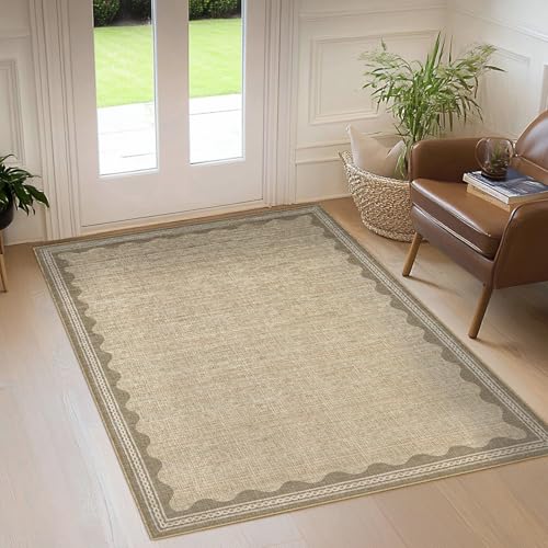 Garvee Living Room Rug 4x6 Washable Rug Modern Bordered Accent Rugs for Bedroom Ultra Soft Non Slip Lightweight Floor Cover Low Pile Stain-Resistant Foldable Carpet for Living Room Nursery Dorm Jute - color: Border Jute, size: 4' x 6' (Rectangular)