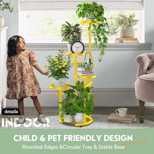 TOSKING 5-Tier Metal Plant Stand, Anti-Tip Round Base for Pots, Child & Pet Friendly, Space Saving Corner Shelf Flower Pot for Indoor Outdoor Use, Living Room Balcony Garden Patio Bedroom (Yellow, 38in) - color: Yellow, size: 5tier Rd Base