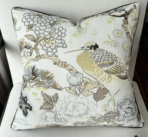 VAGMINE Chinoiserie Bird Floral 20x20 Inch Throw Pillow Cover - Sage Ivory Peony Hydrangea Print on Textured Polyester - Cushion Case for Couch Sofa - Nostrich - color: Nostrich, size: 20" x 20" (Pack of 1)