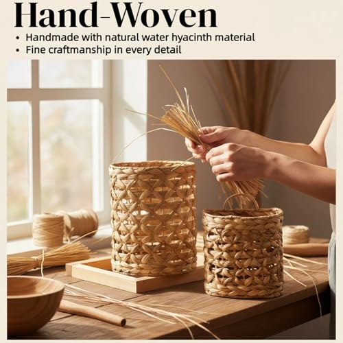 Set of 2 Wicker Wall Hanging Basket, Natural Water Hyacinth Hanging Wicker Decorative Basket, Handmade Woven Storage Organizer for Front Door Mail Flowers Garden House Wedding Wall Decorations