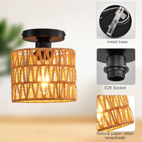 Ceiling Light Fixture,Hand-Woven Rattan Flush Mount Ceiling Light,Farmhouse Light Fixtures Ceiling Mount Boho for Hallway Bedroom Kitchen Entryway Living Room - color: 2 Pack Brown