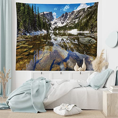 Ambesonne Landscape Tapestry, Dream Mirroring Lake at The Mountain Park in West America River Snow Print, Wide Wall Hanging for Bedroom Living Room Dorm, 80" X 60", Green Brown Blue - color: Green Brown Blue, size: 80"L x 60"W
