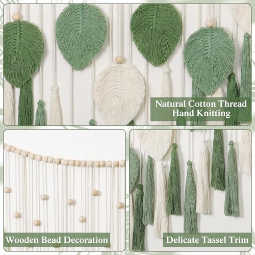 Betylifoy Large Macrame Wall Hanging Boho Handmade Woven Tapestry with Wood Beads Beige Green Chic Leaf Feather Boho Wall Art Decor Macrame Tapestry Wall Decor for Bedroom Living Room Nursery Apartment 51.2"W X 31.5"L - color: Green&Beige