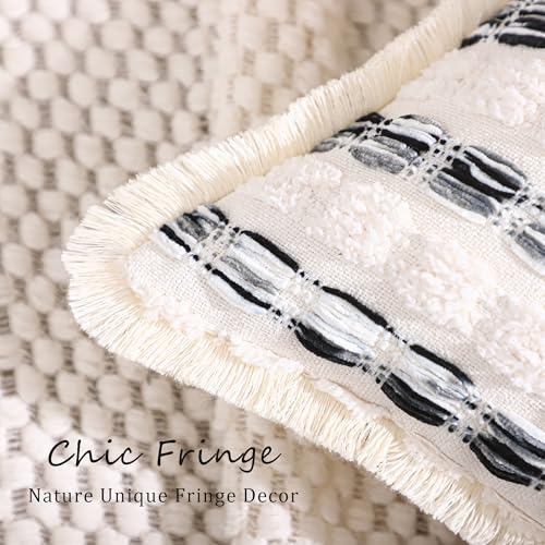 LUOYEHK Chenille Striped Throw Pillow Covers 18x18 Inch Set of 2 Boho Decorative Pillowcases with Fringe Farmhouse Neutral Cushion Covers for Couch Sofa Bed Living Room, Black - color: Black, size: 18" x 18" (Pack of 2)
