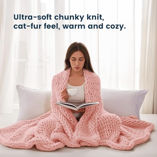 SLEEP ZONE Throw Blanket for Couch - Chunky Knit Hollow Blanket, Throw Blankets for Bed, Handmade Long Plush Cat Yarn, Soft Fluffy Knit Blankets Home Decor (Pink, 40x50in) - color: Pink, size: 40*50