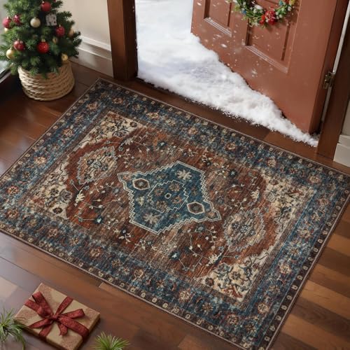 Tangsoo Oriental 2x3 Washable Rugs for Entryway Vintage Non Slip Small Area Rug, Indoor Front Door Rug, Print Door Mat Indoor Entrance Soft Low Pile Throw Rug for Entry Kitchen Bedroom Bathroom - color: Rust/Blue, size: 2' X 3' (Rectangular)