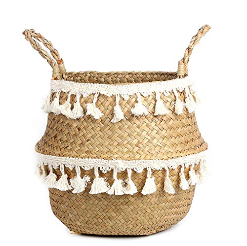 Tassel Macrame Woven Seagrass Belly Basket for Storage, Decoration, Laundry, Picnic, Plant Basin Cover, Groceries and Toy Storage (Medium, Tassel) - color: Ivory White, size: Medium