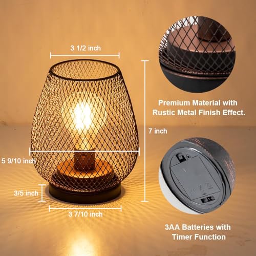 Set of 2 Battery Operated Lamp LED Table Lantern, Brown Metal Cage Cordless Lamps with LED Bulb，Vintage Decorative Outdoor Lantern for Weddings, Parties, Patio, Events for Indoors Shelf Decor - style: Bronze Egg / Timer
