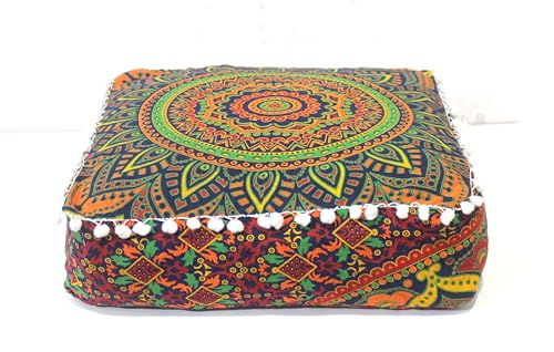 INDIAN CRAFT CASTLE ICC Floor Pillows & Cushion Covers Decorative Hippie Mandala Pouf Pillow Covers Seating Meditation Cushion Cover Large Boho Ottoman Case Pillowcase Couch New Blue, 16" Square - color: New Blue, size: 16"D x 16"W x 5"H