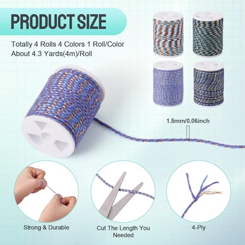 17.2 Yards 1.5mm Metallic Braided Thread Blue 4-Ply Macrame Polycotton Cord Jewelry Beading Cord for String Wall Hangings Plant Hanger String Knitting Macrame Rope Bracelet DIY Craft - color: Mixed Color 11, size: 1.5mm