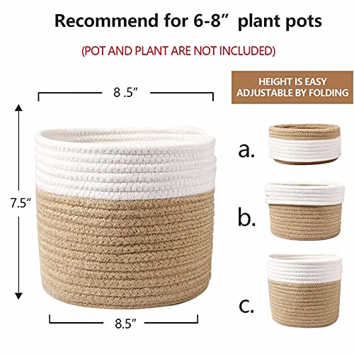 Cotton Rope Plant Basket Modern Hand Woven Planter for 8 Inch Flower Pot Floor Indoor Planters Foldable Storage Organizer Basket Rustic Home Decor White Stitching Khaki W 8.5" x H 7.5"