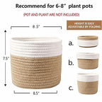Cotton Rope Plant Basket Modern Hand Woven Planter for 8 Inch Flower Pot Floor Indoor Planters Foldable Storage Organizer Basket Rustic Home Decor White Stitching Khaki W 8.5" x H 7.5"