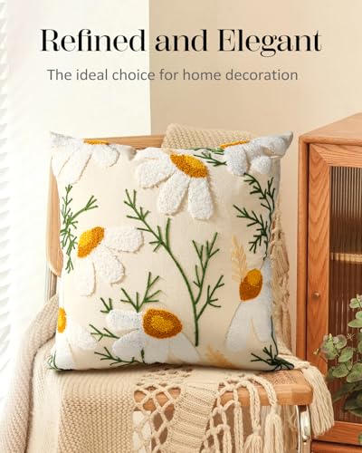 Embroidered Throw Pillow Cover - 18x18 Decorative Pillow Cover with Zipper Aesthetic Cute Design Boho Spring Summer Cozy Throw Pillowcase for Living Room Couch Sofa Bed, White Daisy - color: Daisy, size: 18" x 18" (Pack of 1)