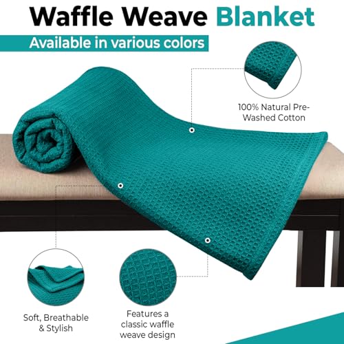 100% Cotton Blankets for Bed - Waffle Weave Blankets for Summer, Lightweight and Breathable Soft Woven Blanket for Spring (Teal, Queen (90" x 90")) - color: Teal, size: Queen (90" x 90")