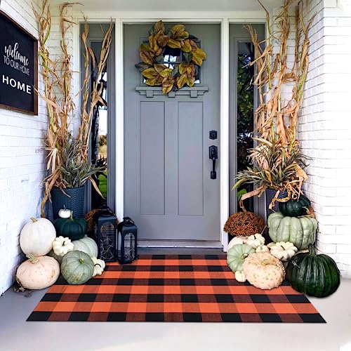 Orange and Black Plaid Rug, 3' x 5' Fall Outdoor Front Door Decor Mat, Cotton Washable Hand-Woven Rug for Layered Doormat, Autumn Halloween Thanksgiving Carpet for Porch, Entryway - color: Orange & Black Plaid, size: 3' x 5' (Rectangular)