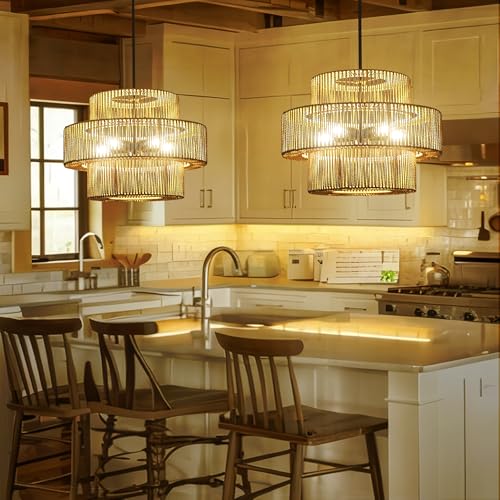 22" Boho Hand Woven Rattan Chandelier Light Fixtures, 5 Light Farmhouse Pendant Light for Kitchen Island, 3 Round Large Wicker Chandeliers for Dining Room, Living Room, Bedroom, Hallway - color: Beige, size: 22 Inch