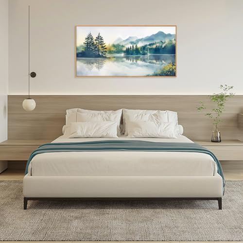 HPNIUB Large Green Mountain Framed Canvas Wall Art Set, Nature Foggy Forest Lake Reflection Wall Decor,Modern Pine Tree Artwork,Watercolor Landscape Art Print for Living Room,Bedroom,Office-20 x40 - color: Nature Mountain Wall Art, size: 40"L x 20"W