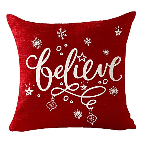 Set of 4 Merry Christmas Believe Reindeer Tree Best Gift Square Pillowcase Decorative Throw Pillow Cover Cushion Case Cotton Linen Material 18" x18'' (Beige&Red) - color: Beige Red