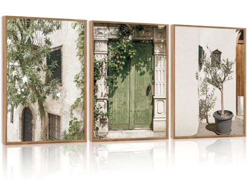 CHDITB Vintage Italy City Landscape Framed Canvas Wall Art Set Of 3, Minimalist Country Wall Decor, Nature Green Olive Tree Wall Painting, Malta Modern Art Prints for Living Room Bedroom Decor-12”x16” - color: Italy wall art