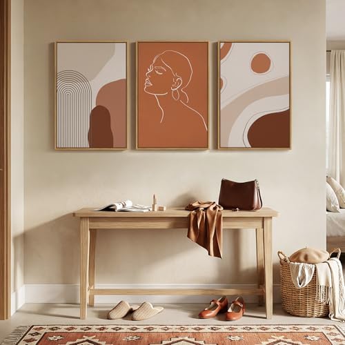 Framed Mid Century Modern Boho Wall Art for Living Room, 3 Piece Abstract Minimalist Line Canvas Artwork for Walls, Large Terracotta Tones Prints Paintings for Bedroom Hallway Wall Decor, 16x24 Inch - color: Brown, size: 24" H x 16" W x 3Pcs