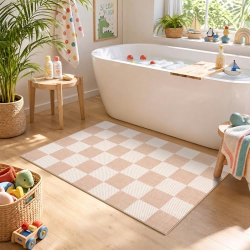 GarveeHome Checkered Blush Beige Neutral Small 2x3 Washable Rug Door Mat Geometric Modern Soft Low-Pile Stain Resistant Rug for Entryway Bedroom Bathroom Kitchen Nursery Non-Slip TPE Backing - color: Blush Beige, size: 2' x 3' (Rectangular)
