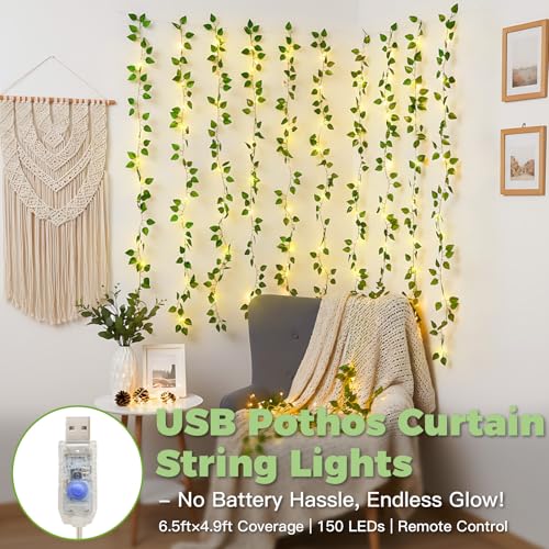 suddus Vines with Lights for Bedroom, 150 LED Fairy Lights with Vines, Pothos Curtain Lights for Bedroom, Dorm, Wedding, Party, Wall, Indoor, Outdoor Decor, 6.5ft x 4.9ft - color: Pothos, size: USB-150Led