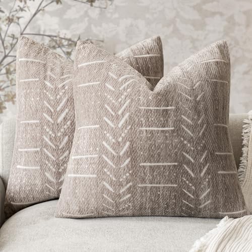Home Décor Decorative Boho Accent Chenille Throw Pillow Covers,Textured Neutral Cushion Covers,Soft Farmhouse Pillowcase for Couch Sofa Chair Bed Living Room,18×18 Inch, Set of 2, Light Taupe - color: Plaza Taupe, size: 18" x 18" (Pack of 2)