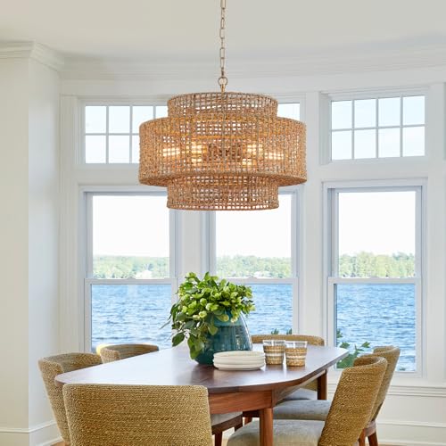 23.8" Large Rattan Chandelier Light Fixture, 6-Light Vintage Farmhouse Boho Light Fixture 3-Tier Drum Hand-Woven Wicker Gold Chandeliers for Dining Room, Kitchen, Living Room - color: Gold 23.8"