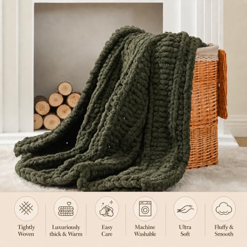 Battilo Chunky Knit Throw Blanket for Couch, Hand Made Chenille Throw Blanket, Super Soft Warm Cozy Olive Green Blanket for Bed, Sofa, Living Room, 50"x60" - color: Olive Green