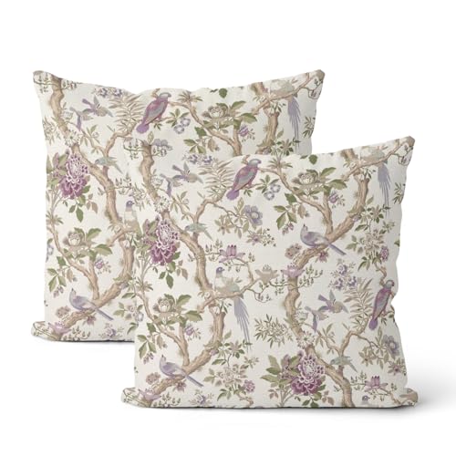 Chinoiserie Throw Pillow Covers 18x18 Inch 2 Pcs Vintage Purple Green Floral Bird Decor Pillow Covers Flower Outdoor Seasonal Farmhouse Decorative Pillowcase Linen Cushion Cover for Couch Sofa - color: Chinoiserie Purple Green Floral Bird, size: 18" x 18"