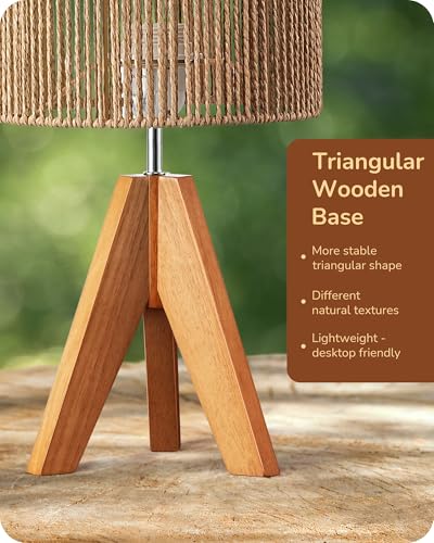 EDISHINE Small Rattan Table Lamp, Wood Tripod Bedside Lamp, Boho Nightstand Lamp for Living Room, End Table, Office, E26 Base, Natural Style - style: Vertical Stripes