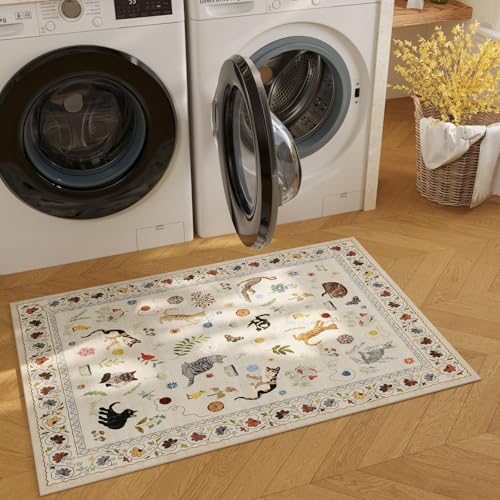 Rugcomf Door Mat Indoor Entrance 2x3 Rug Machine Washable Boho Floral Animal Cat Small Area Rug Non-Slip Low Pile Throw Rugs for Entryway Kitchen Front Door Indoor Entrance Entry Kids Room, Beige - color: Beige/Cat, size: 2' x 3' (Rectangular)