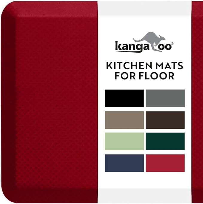 KANGAROO Thick Ergonomic Anti Fatigue Mats for Kitchen Floor, Cushioned Standing Office Desk Mat, Waterproof Scratch Resistant Topside, Supportive All Day Comfort Padded Foam Rugs, 17x24, Red