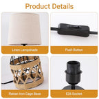 Boho Table Lamp for Bedroom, Small Bedside Lamp with Rattan Metal Cage Base and Linen Shade, Nightstand Lamp for Living Room, Farmhouse Coastal Rustic Bedroom Decor, E26 Socket, Bulb Not Included - size: 1 Pack
