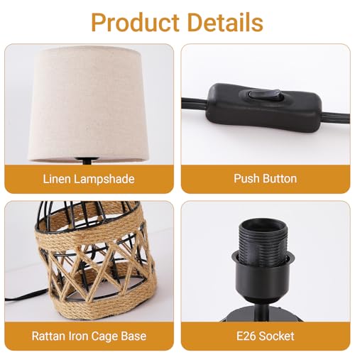 Boho Table Lamp for Bedroom, Small Bedside Lamp with Rattan Metal Cage Base and Linen Shade, Nightstand Lamp for Living Room, Farmhouse Coastal Rustic Bedroom Decor, E26 Socket, Bulb Not Included - size: 1 Pack