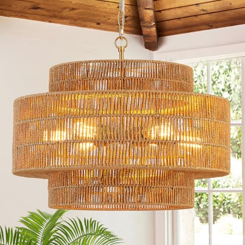 23.6" Rattan Chandelier Light Fixture,6-Light Vertical Woven Rattan Chandelier, 3-Tier Drum Hand-Woven Boho Light Fixture for Dining Room, Bedroom, Kitchen Island, Foyer - color: Gold-A 23.6"