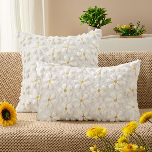 DFXSZ Spring Summer Pillow Covers 12x20 inch Set of 2 Farmhouse Decor Yellow Flower Heart Daisy Soft Plush Faux Fur Jacquard Throw Pillows for Bedroom Sofa Holiday Spring Summer Home Decor PTK024A12 - color: White Daisy, size: 20" x 12" (Pack of 2)