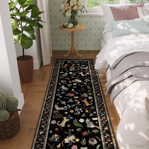 Rugcomf Runner Rug for Kitchen Non Slip 2'x6' Washable Rugs with Rubber Backing Soft Floral Animal Cat Carpet Runner for Kitchen Laundry Bedroom Bathroom, Black - color: Black/Cat, size: 2' x 6' (Rectangular)