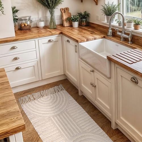 Boho Bathroom Rugs with Tassels Cotton Bath Mat Washable Bathroom Rugs, Boho Area Rug Beige Tufted Woven Rainbow Rug 2' x 4.3' - color: Rainbow Cream, size: Medium(2'x4.3')