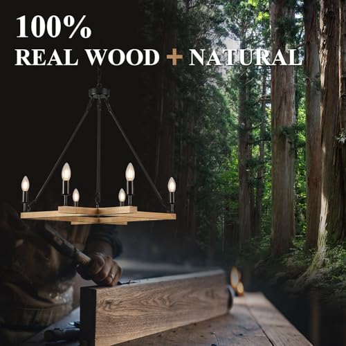 L45'' Natural Farmhouse Square Wood Chandeliers Rustic 6-Light Unique Rectangular Candle Chandelier Long Ceiling Pendant Light for High Ceiling Living Dining Room Foyer Kitchen Island,E12 - color: Natural, size: 45 inches